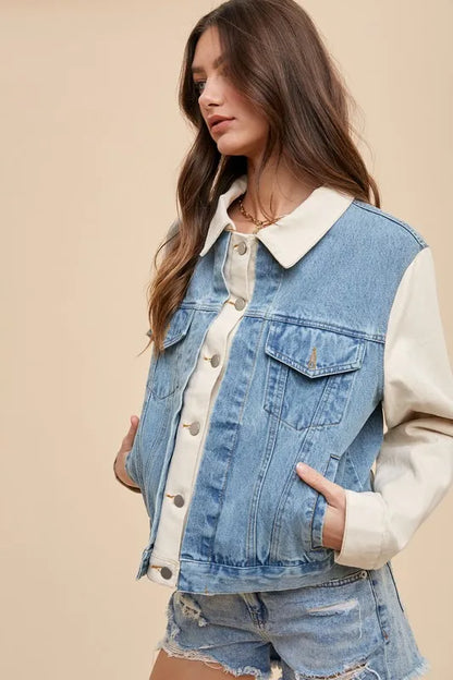 Annie Wear Collared Neck Double Placket Denim Jacket - Love Salve 