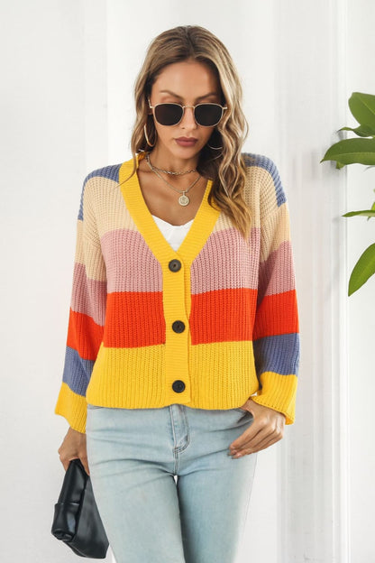 Color Block Button-Down Dropped Shoulder Cardigan.