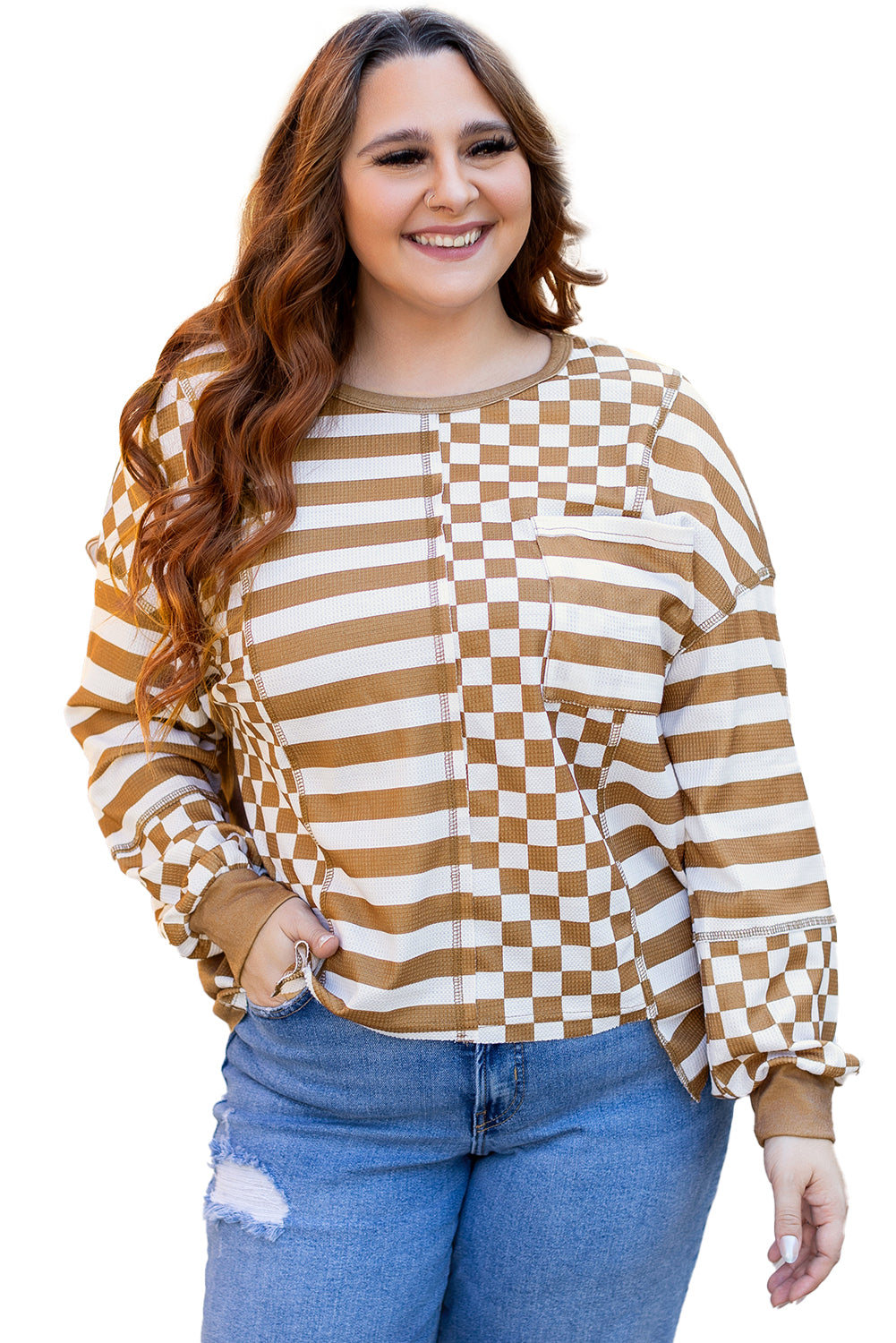 Chic plus size khaki mixed print top