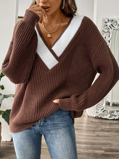 Color Block Dropped Shoulder Long Sleeve Sweater