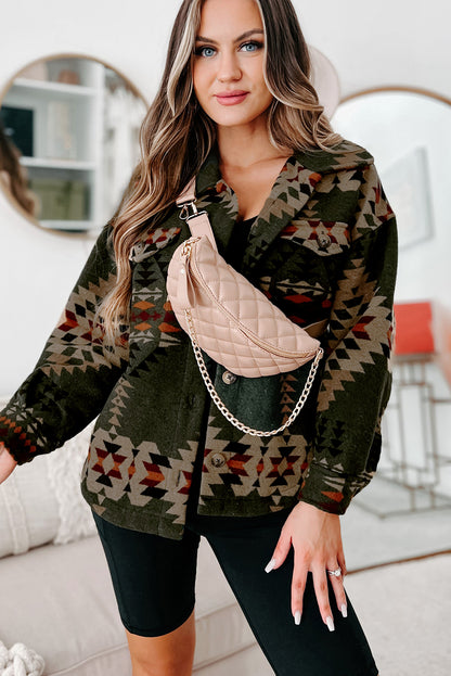 Chic green Aztec print long sleeve shacket with flap pockets