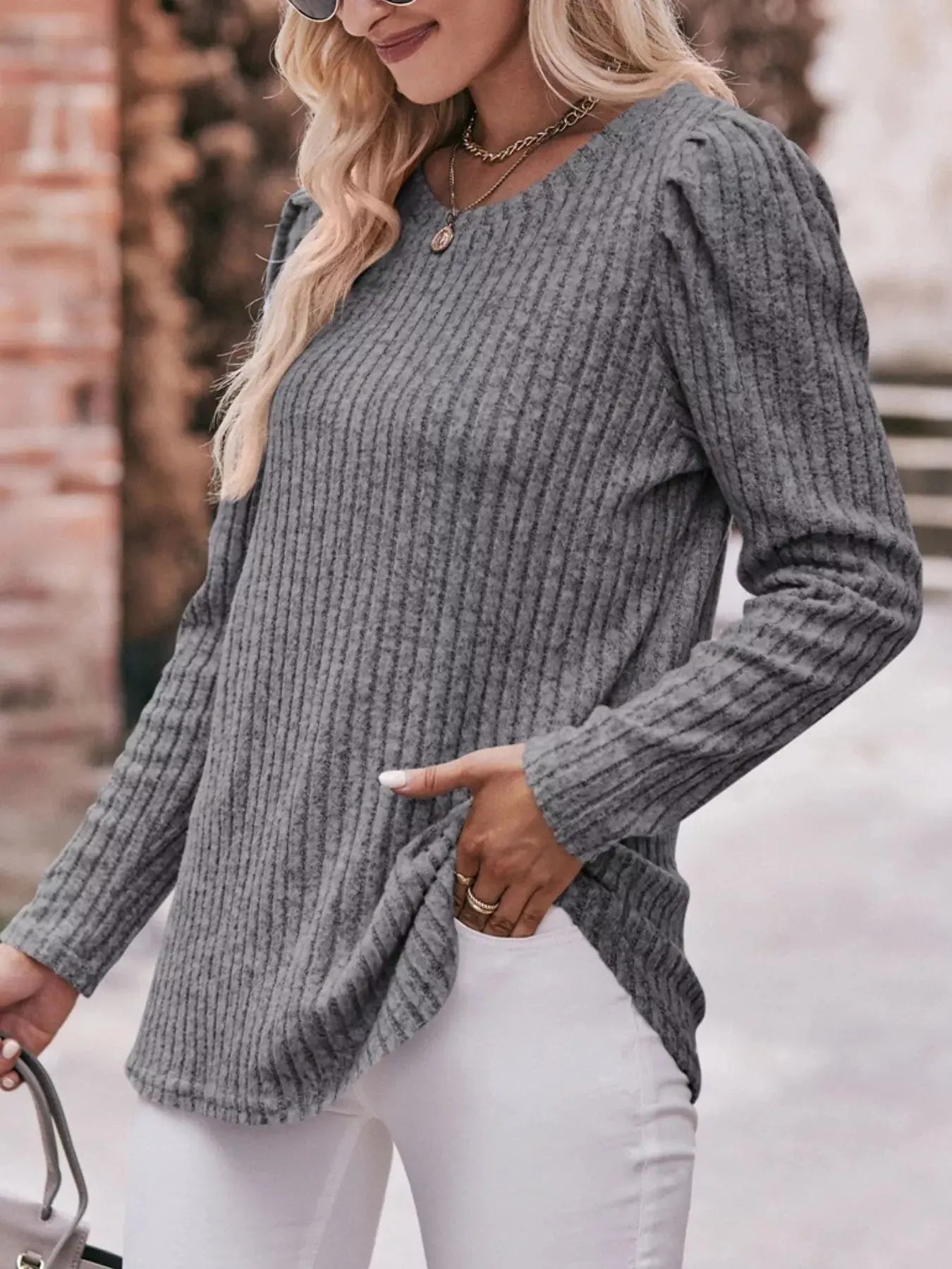 Ribbed Knit Puff Sleeve T-Shirt Simply Love
