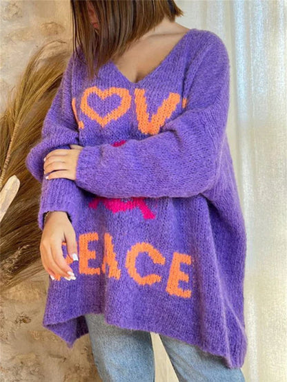 Peace Graphic V-Neck Long Sleeve Sweater.