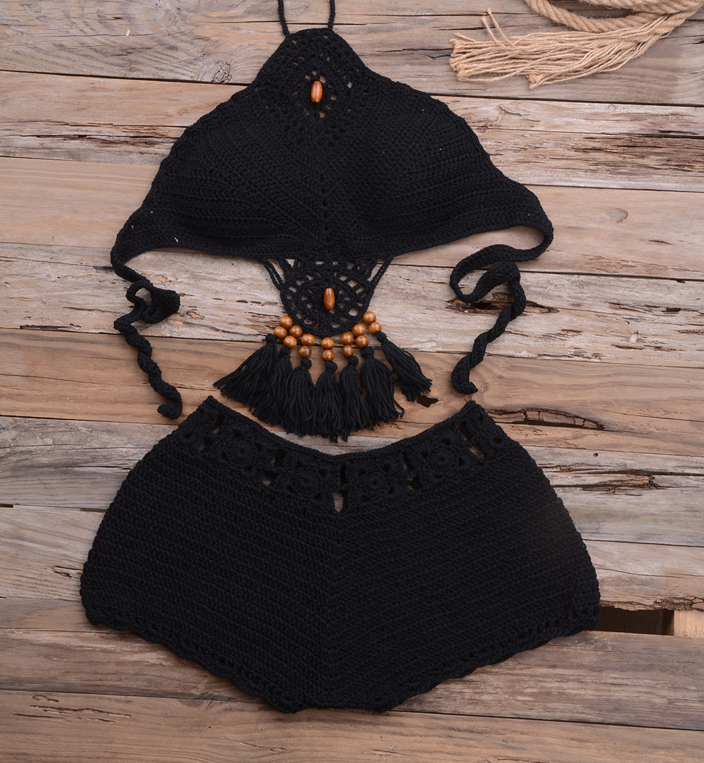 Vacation Beach Bikini Hollow Out Cutout out Dangling Beads Stretch Solid Color Split Swimsuit Suit Bella Mia