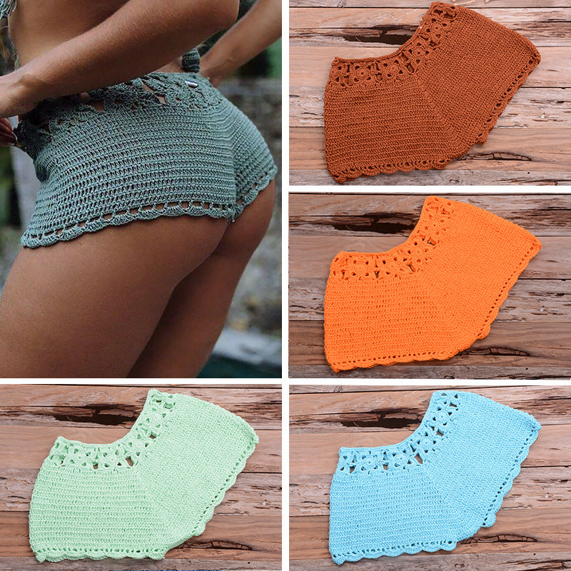 Handmade Beach Solid Color Short Swimming Trunks Sexy Cutout Hand Crocheting Cotton Sunscreen Bella Mia