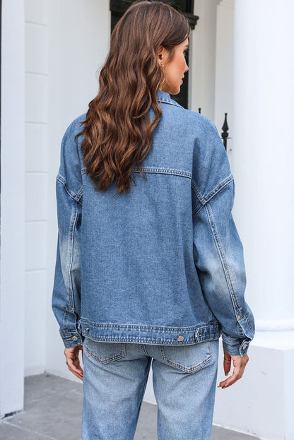 Button Up Dropped Shoulder Denim Jacket with Pockets.