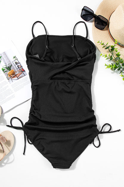 Sleek Black Ribbed Cutout Monokini with Drawstring Sides