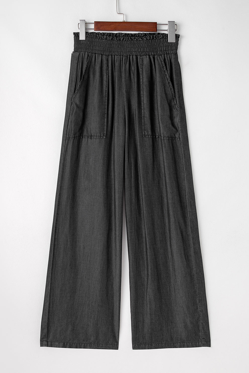 Chic black frilled smocked high waist wide leg jeans with side pockets