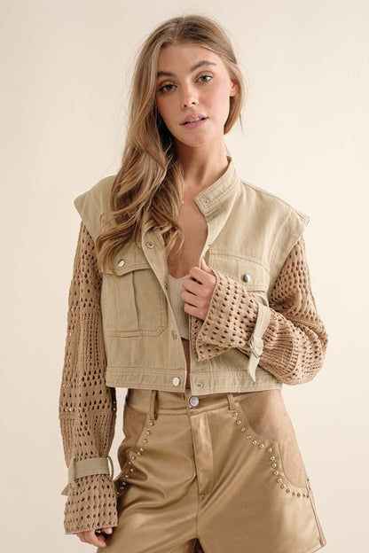 Chic Twill Crochet Sleeve Jacket