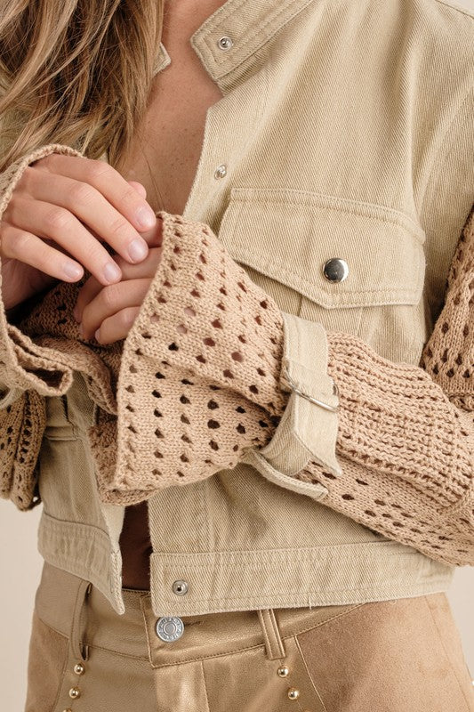 Chic Twill Crochet Sleeve Jacket