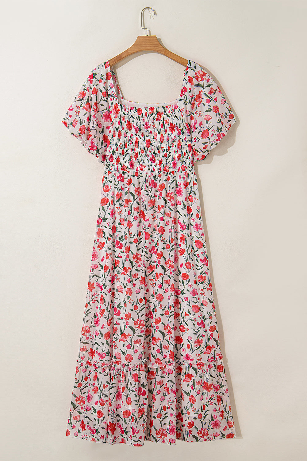 Pink Plus Size Floral Square Neck Puff Sleeve Maxi Dress With Ruffles Dear-Lover Dropshipping