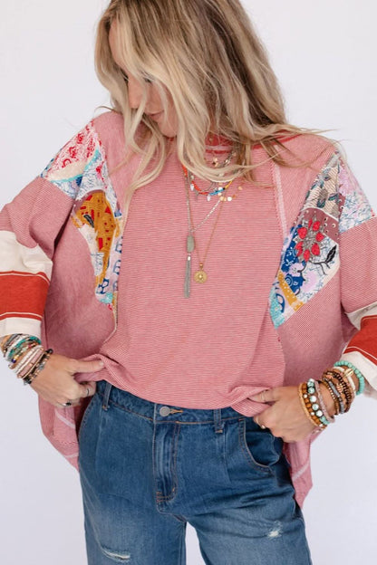 Floral Striped Patchwork Round Neck Blouse