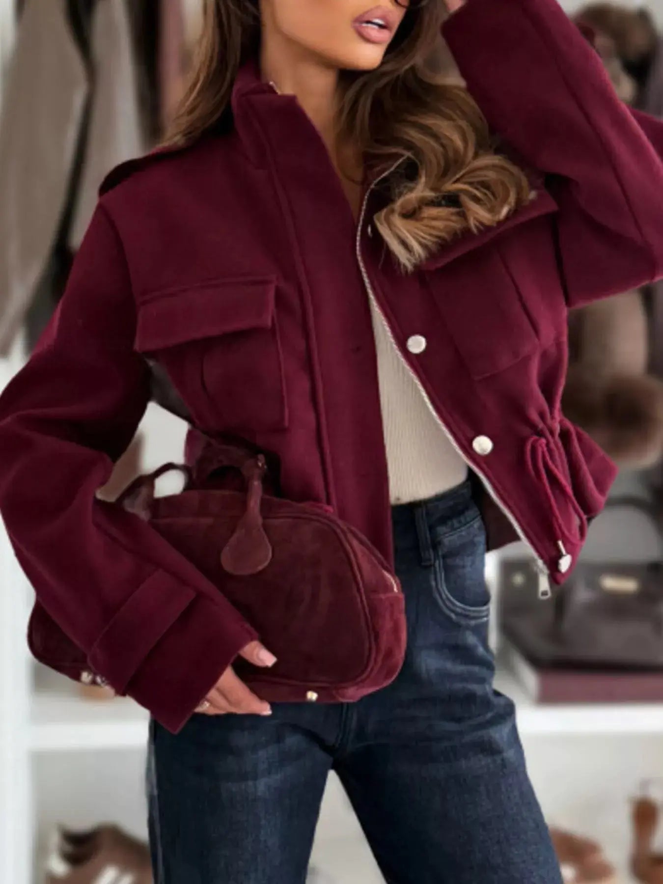 Drawstring Button-Up Casual Jacket Simply Love