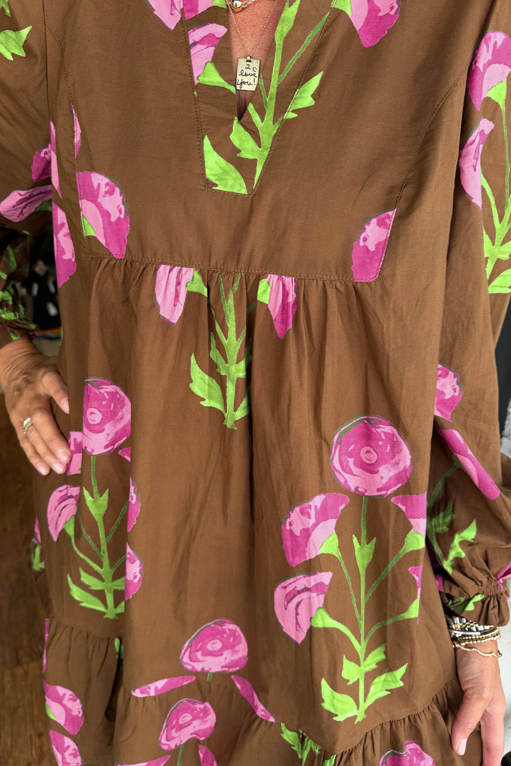 Brown Contrast Floral Print Babydoll Tunic Dress With Ruffled Hem Puff Sleeve Dear-Lover Dropshipping