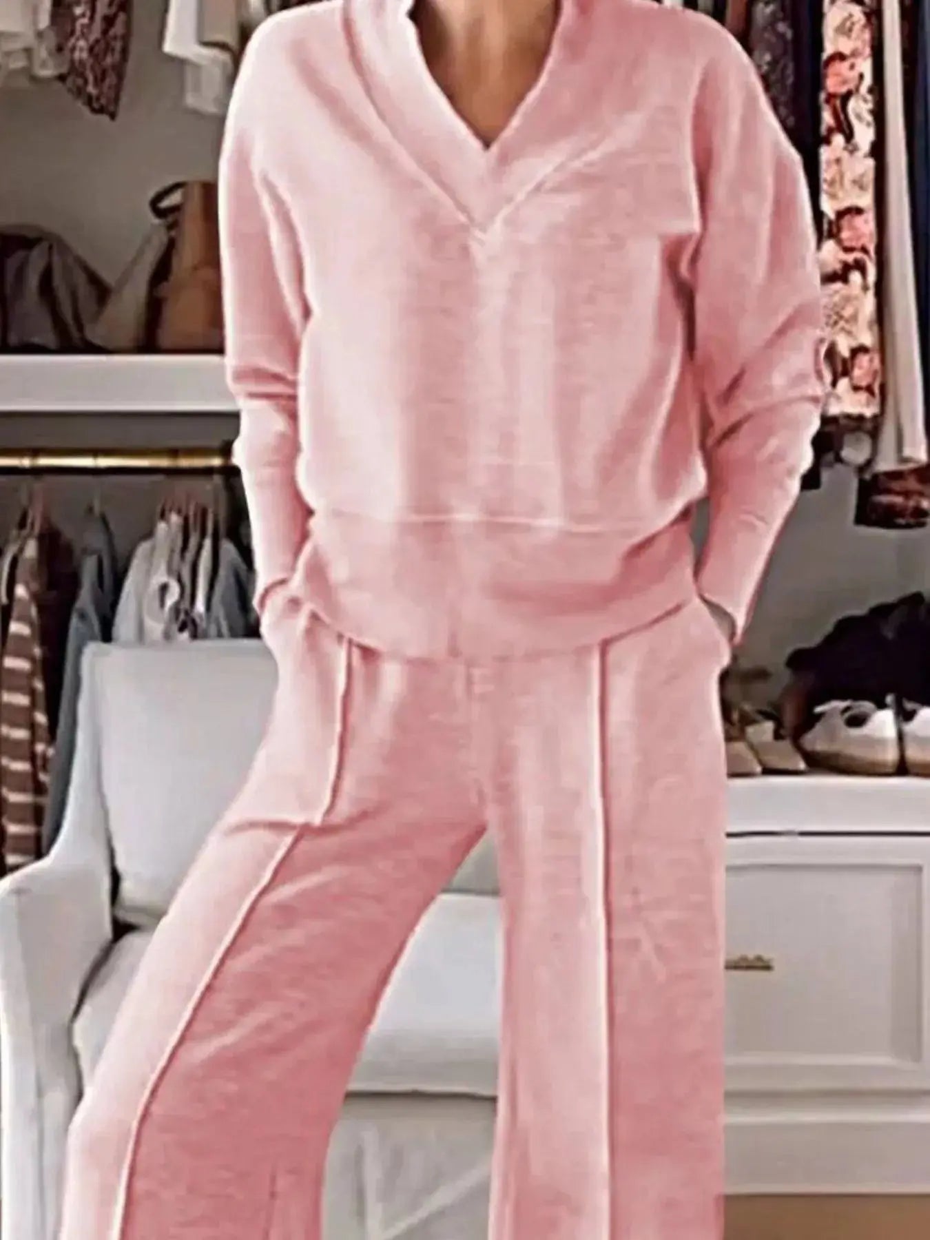 Full Size Cozy V-Neck Top and Pants Set Plus Size Simply Love
