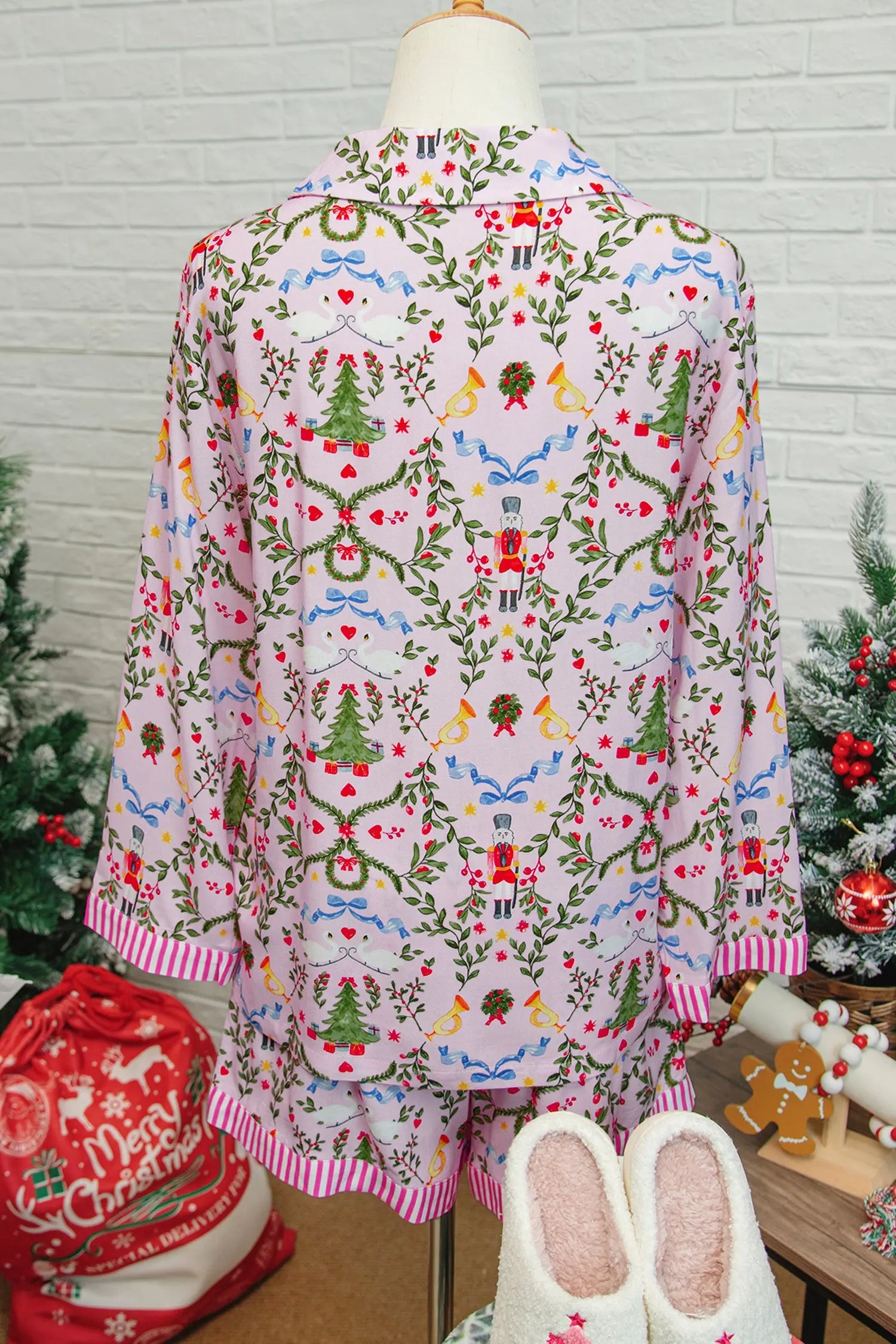Pink Christmas Nutcracker Pajama Set 2Pc Long Sleeve Shorts Holiday Print Dear-Lover Dropshipping