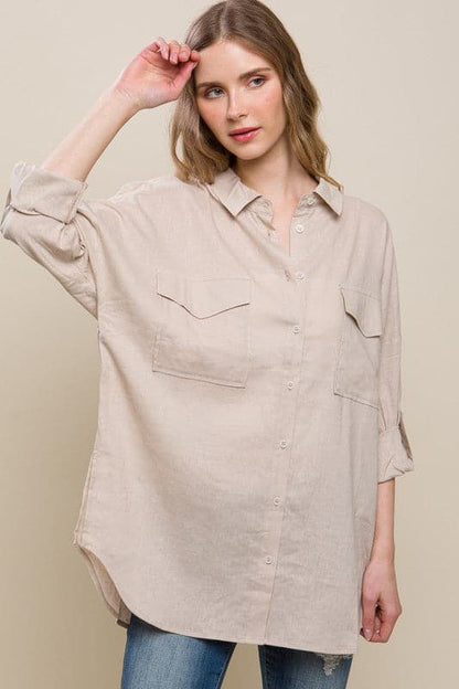 Linen Oversized Double Pocket Button Down Shirt.