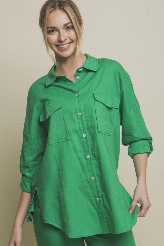 Linen Oversized Double Pocket Button Down Shirt.