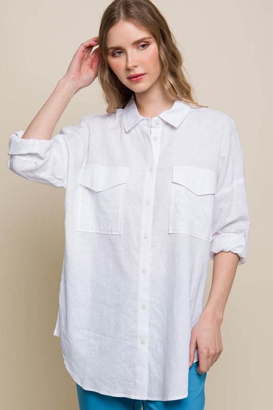 Linen Oversized Double Pocket Button Down Shirt.