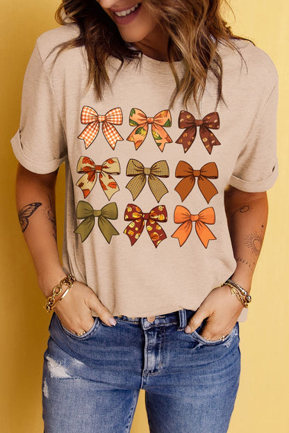 Chic bow graphic round neck short sleeve tee for women.