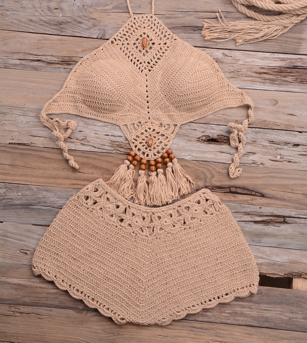 Vacation Beach Bikini Hollow Out Cutout out Dangling Beads Stretch Solid Color Split Swimsuit Suit Bella Mia