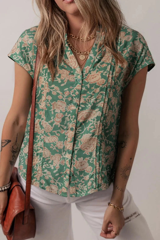Printed Pleated Buttoned Notched Short Sleeve Blouse Simply Love