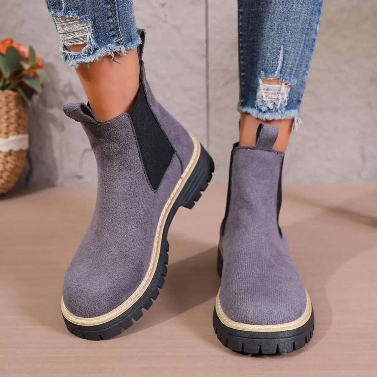 Black Round Toe Platform Chelsea Boots Mid Heel With Chunky Lug Sole Simply Love