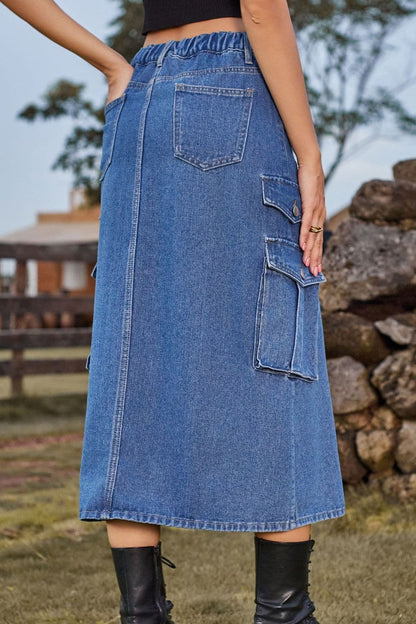 Slit Front Midi Denim Skirt with Pockets.