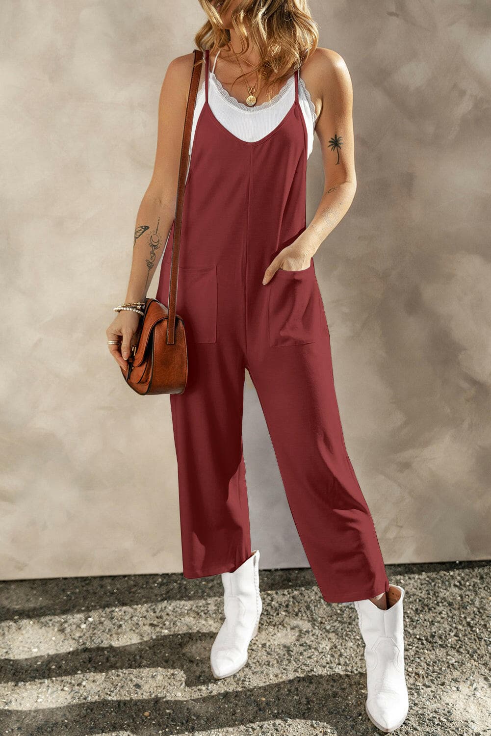 Pocketed Spaghetti Strap Wide Leg Jumpsuit.