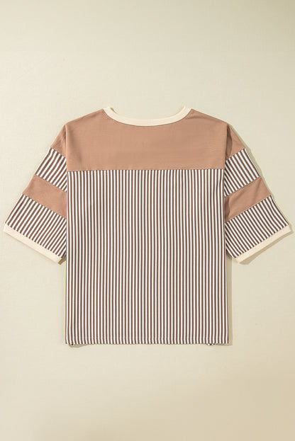 Khaki striped patchwork tee with bracelet sleeves for plus sizes