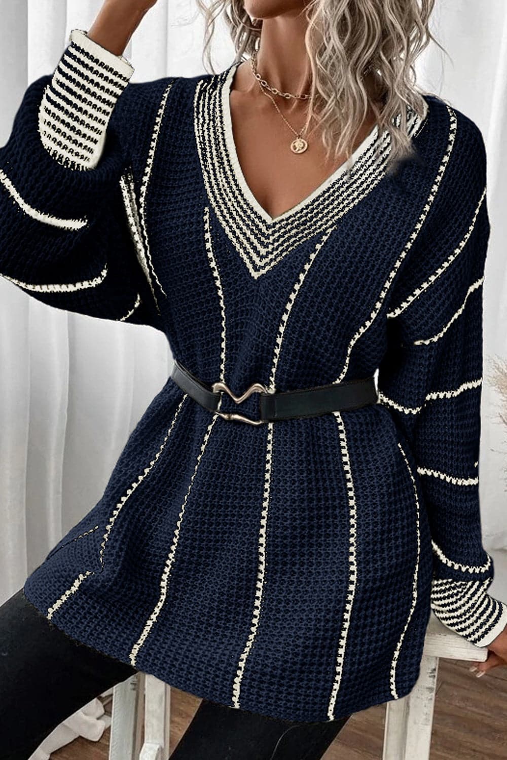 Vibrant striped v-neck sweater with dropped shoulders