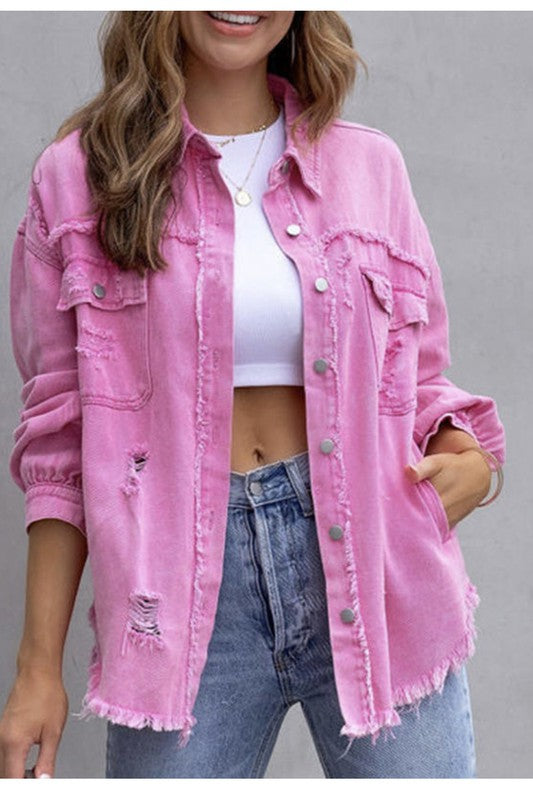 Frayed Chic Oversized Denim Jacket – Your New Everyday Vibe Coco’s Tee Boutique