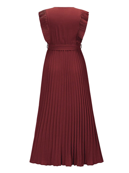 Tied Surplice Cap Sleeve Pleated Dress.