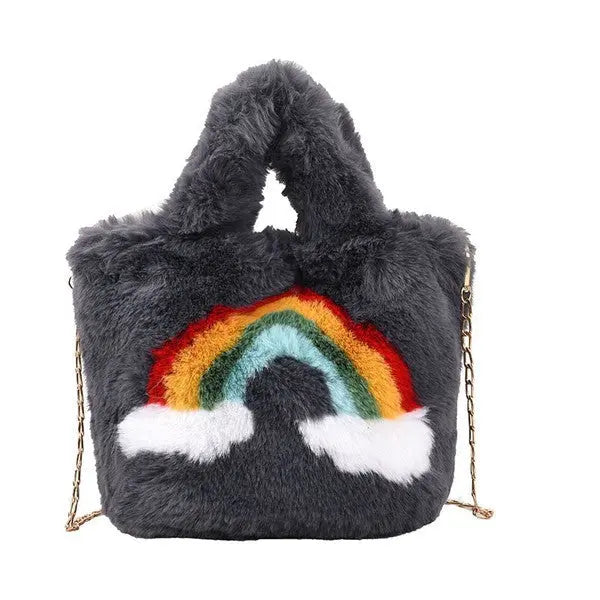 Plush Fuzzy Rainbow Handbag With Soft Faux Fur and Chain Strap Miss Sparkling