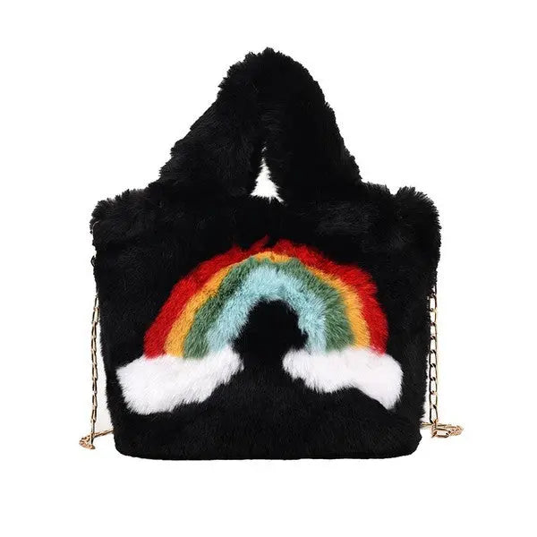 Plush Fuzzy Rainbow Handbag With Soft Faux Fur and Chain Strap Miss Sparkling