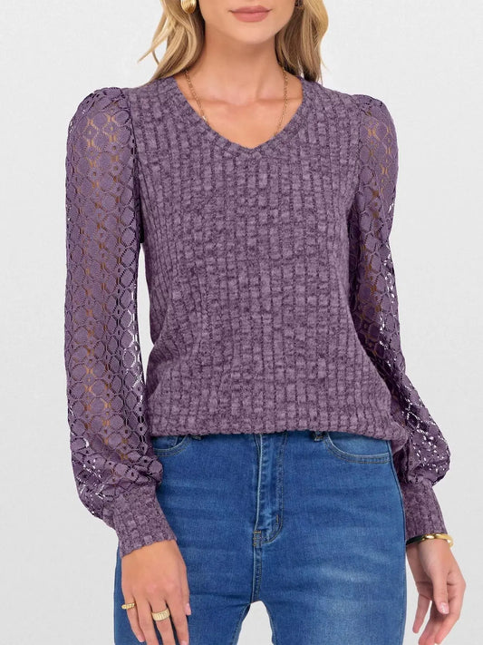 Lace Sleeve V-Neck T-Shirt Simply Love