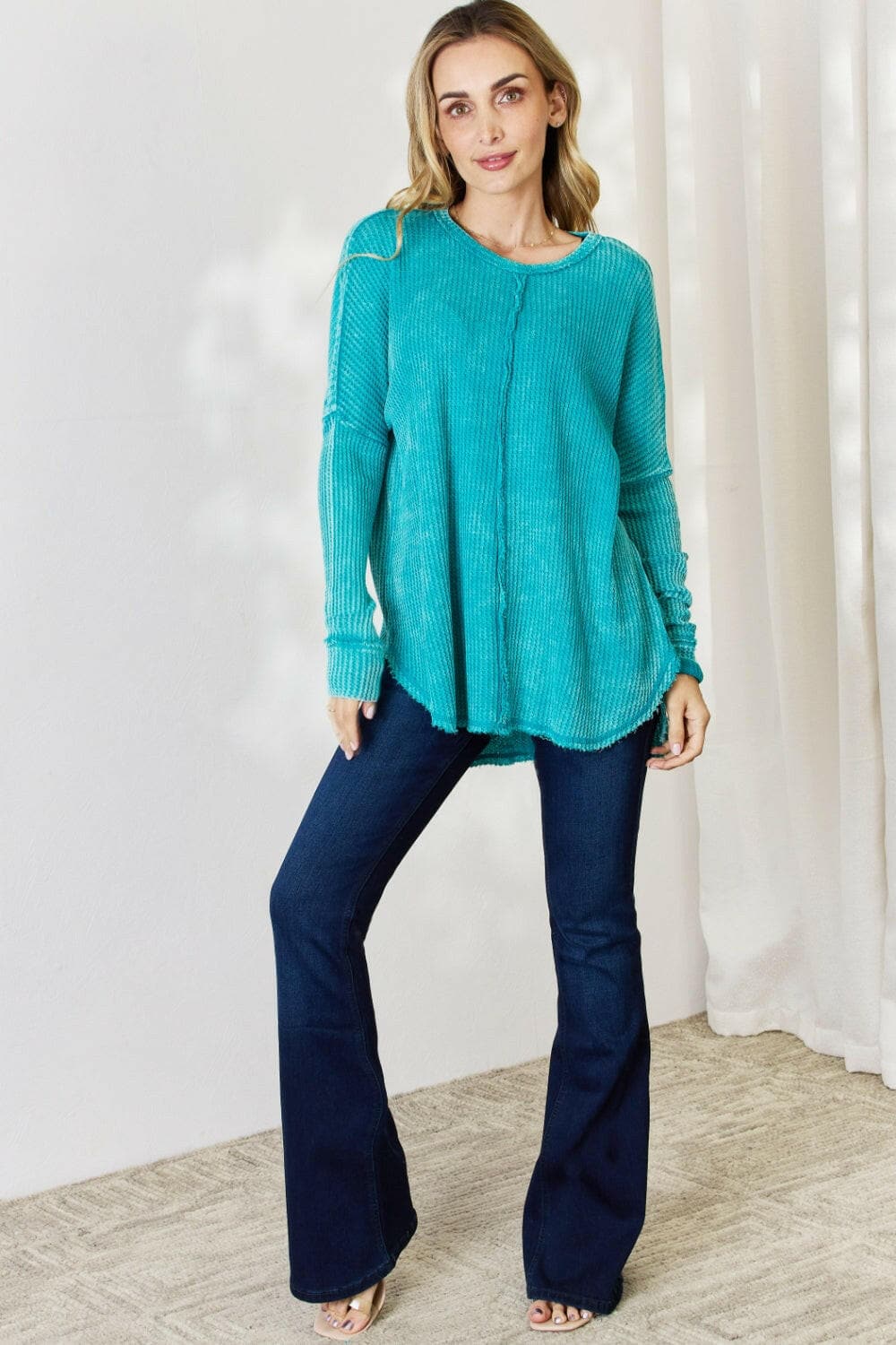 Zenana Oversized Washed Waffle Long Sleeve Top.