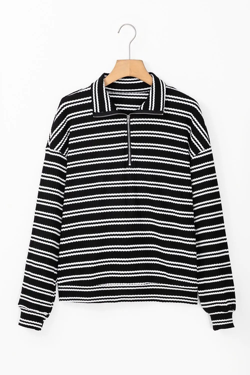 Black Stripe Textured Quarter Zip Collar Long Sleeve Top - Love Salve 