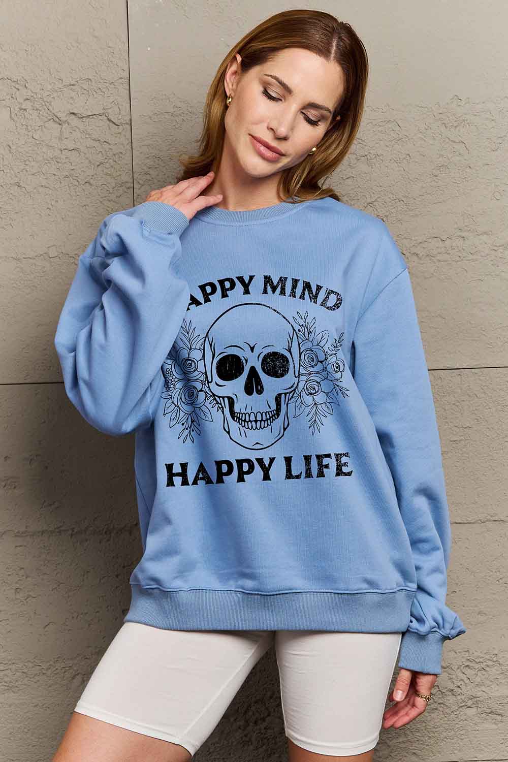 Happy mind, happy life skull graphic sweatshirt by Simply Love