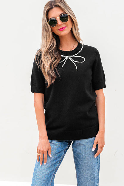 Bria Pearl Bow Short Sleeve Knitted Top for Women - Love Salve 