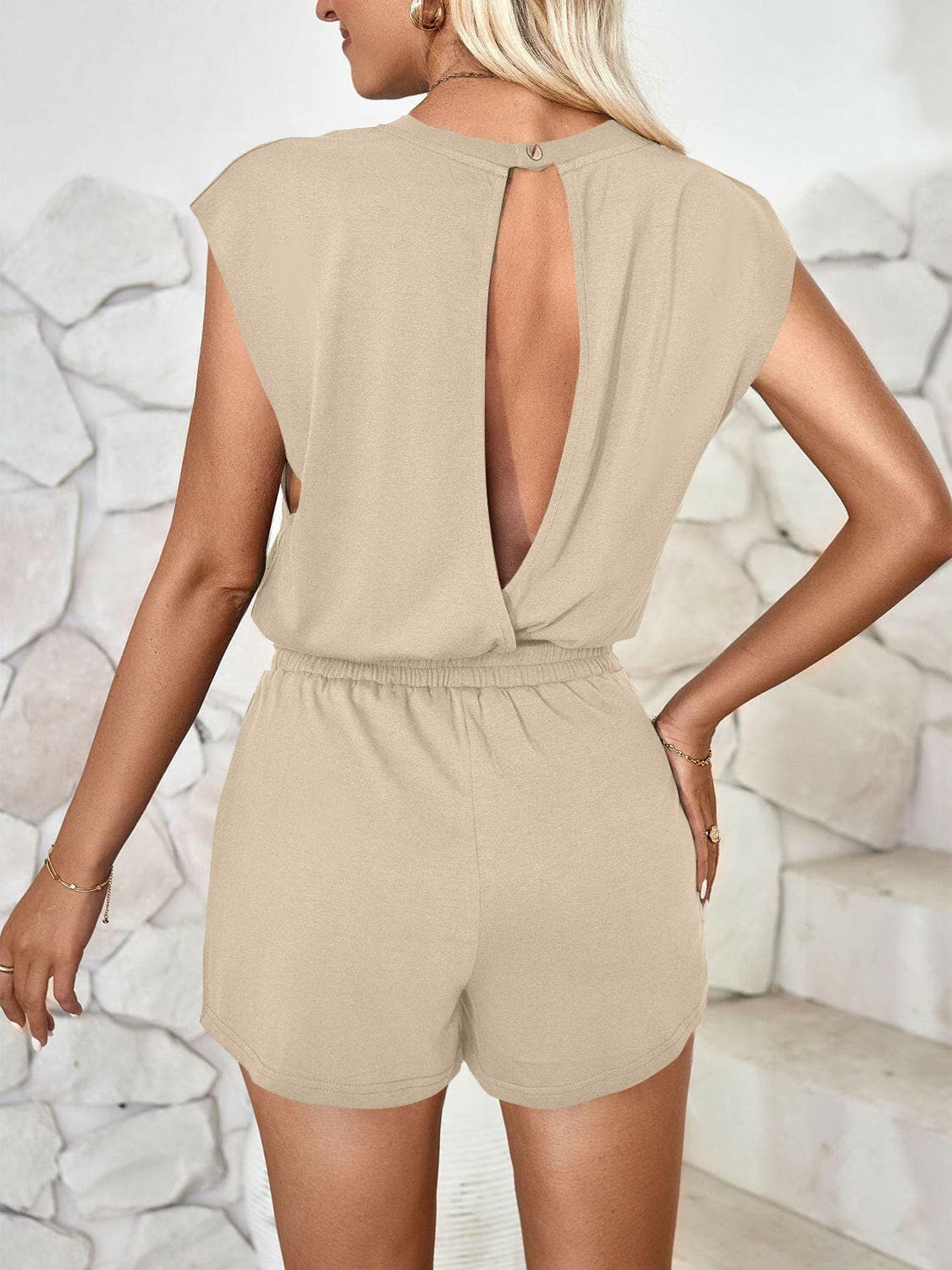 Cutout Round Neck Cap Sleeve Romper.