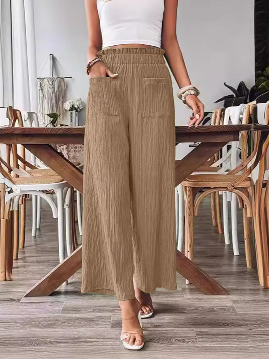 Frilled Pocketed Wide Leg Trousers