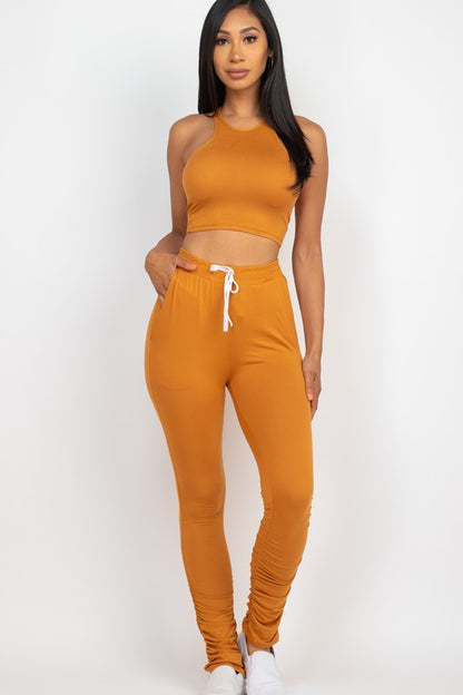 Chic crop top and ruched drawstring pants ensemble