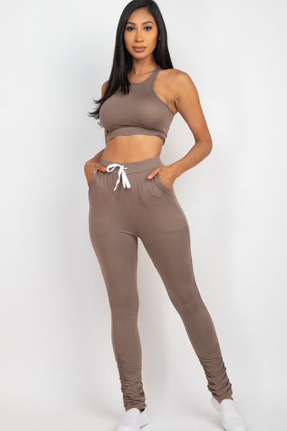 Chic crop top and ruched drawstring pants ensemble