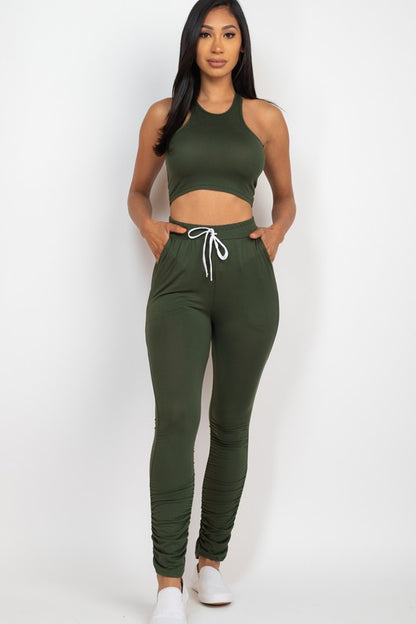 Chic crop top and ruched drawstring pants ensemble