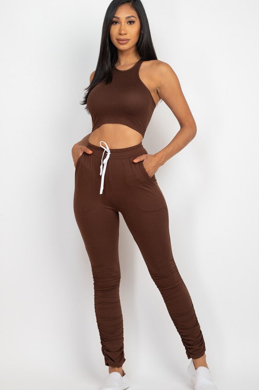 Chic crop top and ruched drawstring pants ensemble