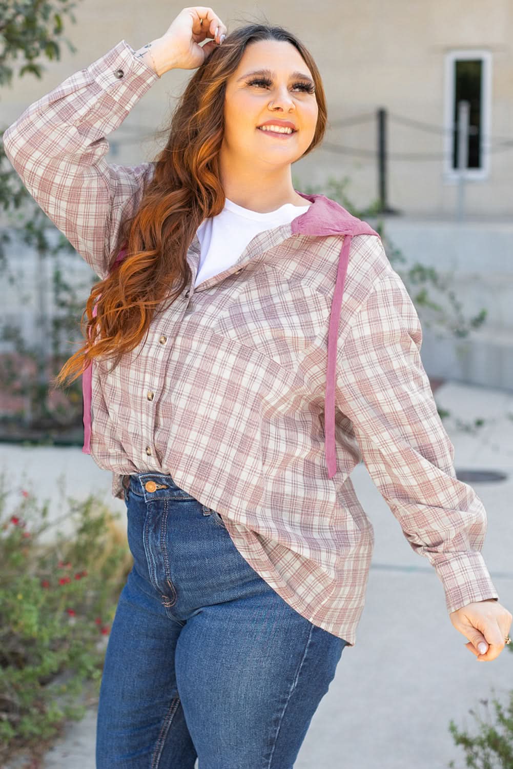 Bonbon plus size plaid hooded shirt - Love Salve 