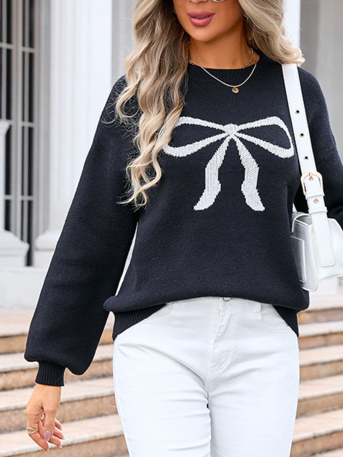 Bow Graphic Round Neck Long Sleeve Sweater.