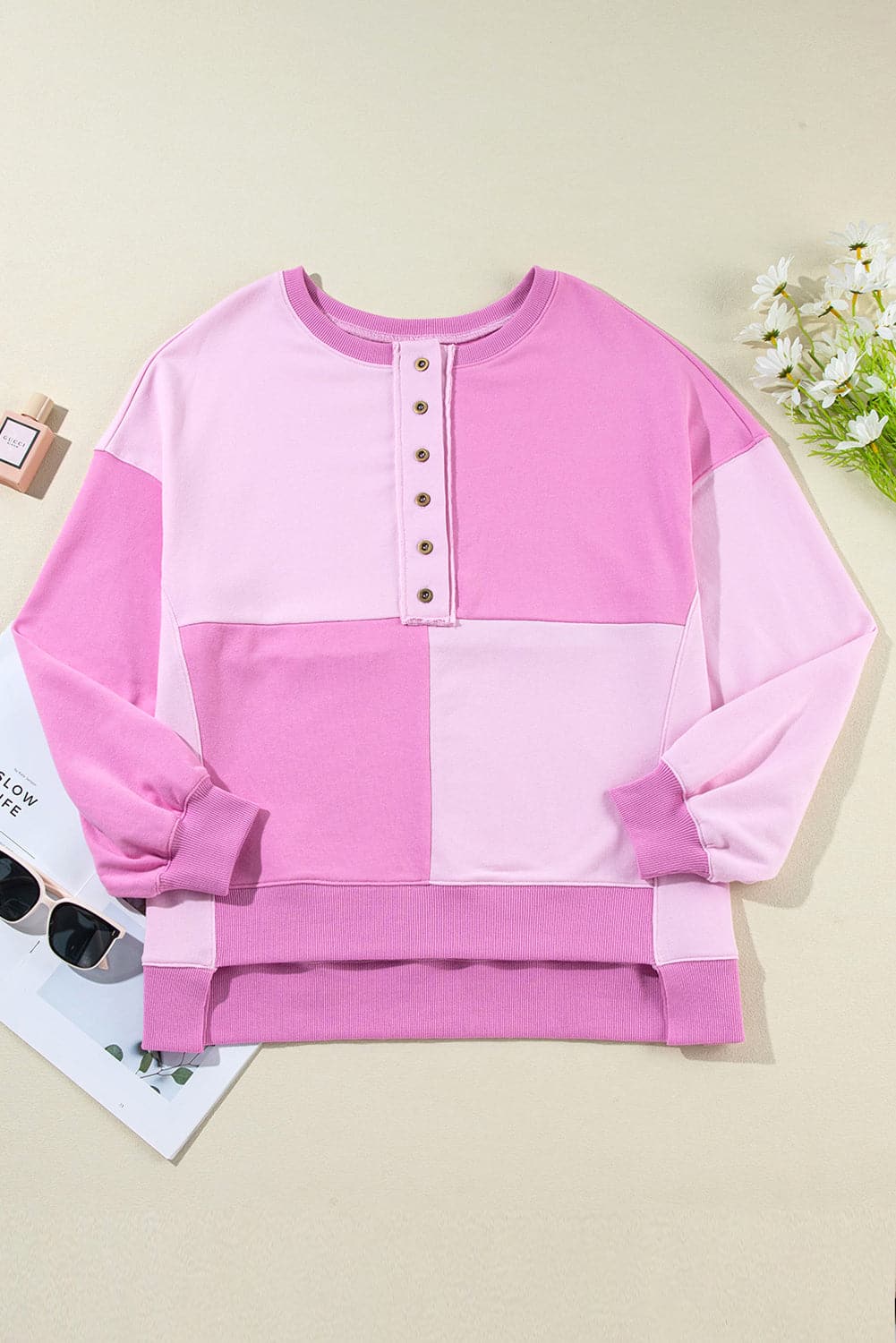 Contrast Half Button Long Sleeve Sweatshirt.