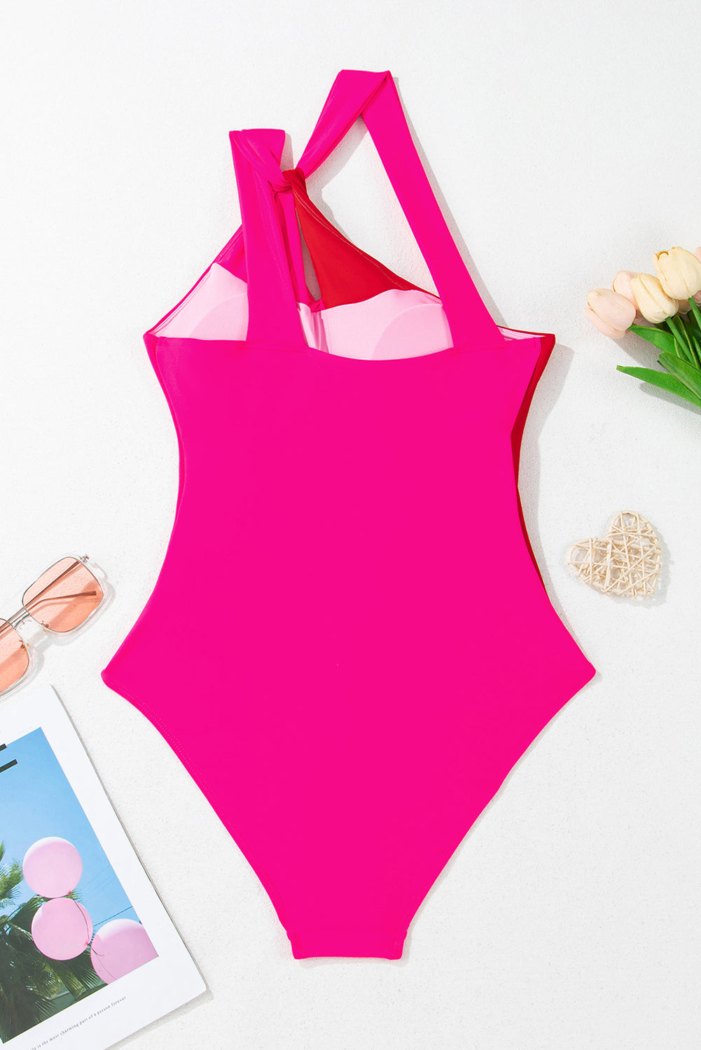 Rose Red Backless One Shoulder Two-Toned One Piece Swimsuit